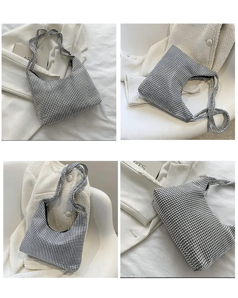 Aliya : Sac à main épaule scintillant, sublimé par des strass, capturé sous différents angles pour révéler sa splendeur.