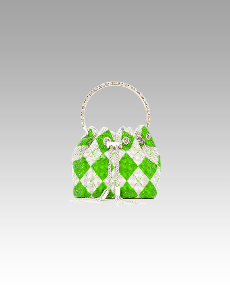 Image d'un sac à main Chelsea pour femmes, motif damier vert avec strass.