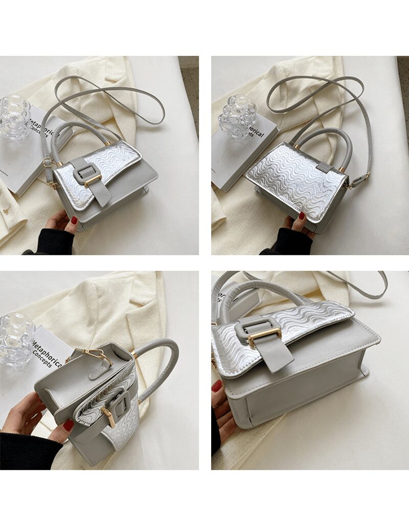 Sac à main Gloria argenté capturé sous divers angles, révélant son éclat unique et son design sophistiqué.