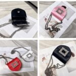 Explorez la splendeur du satin avec le sac à bandoulière Madison, présenté à travers différentes vignettes pour mettre en avant ses détails luxueux.