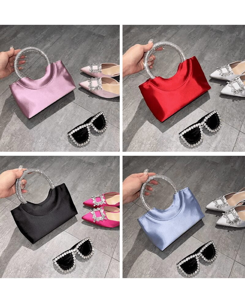 Myriam : Sac à main en satin multicolore avec vignettes variées - Une élégance éclatante à votre portée.