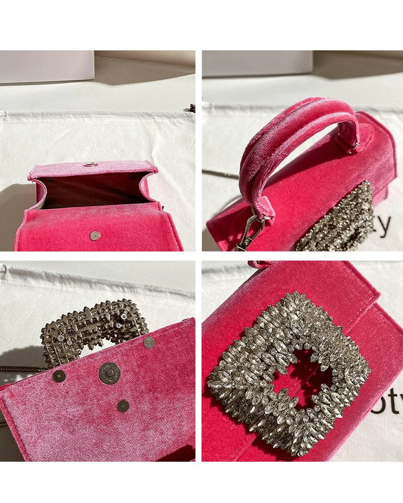 Elise Sac à Main Velours Rouge Strass - Accessoire Chic sous Plusieurs Angles