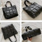 Découvrez le sac à main fourre-tout noir matelassé de Maïssane, un accessoire chic et polyvalent, mis en valeur à travers plusieurs perspectives.