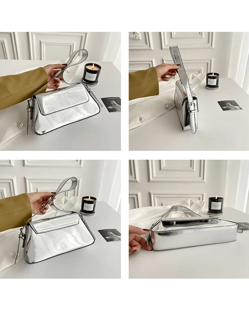 Explorez l'éclat argenté du sac à main Molly sous différents angles. Un accessoire en vernis qui brille de tous ses feux, capturant la lumière de manière unique.
