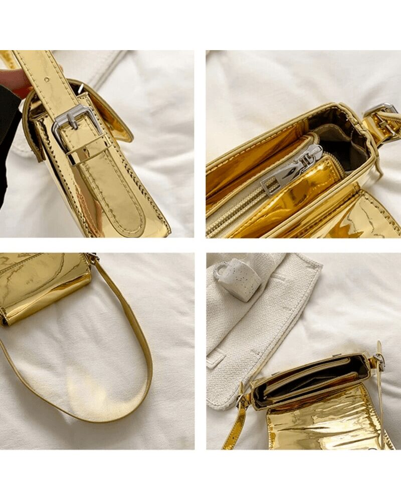 Explorez l'éclat somptueux du sac à main Molly en vernis doré sous différents angles. Un accessoire qui brille avec élégance et raffinement.
