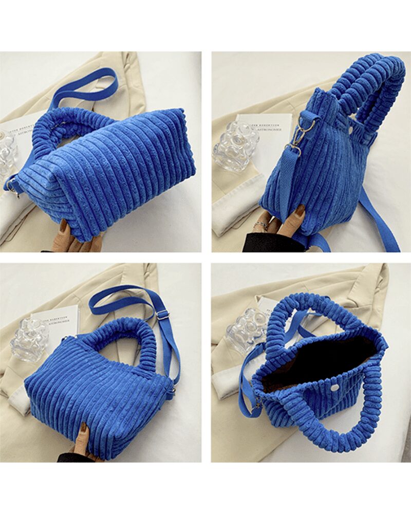 Explorez le Daisy Sac à Main Fourre-Tout en Velours Côtelé Bleu sous différentes perspectives, mettant en lumière ses détails exquis et son charme inégalé.