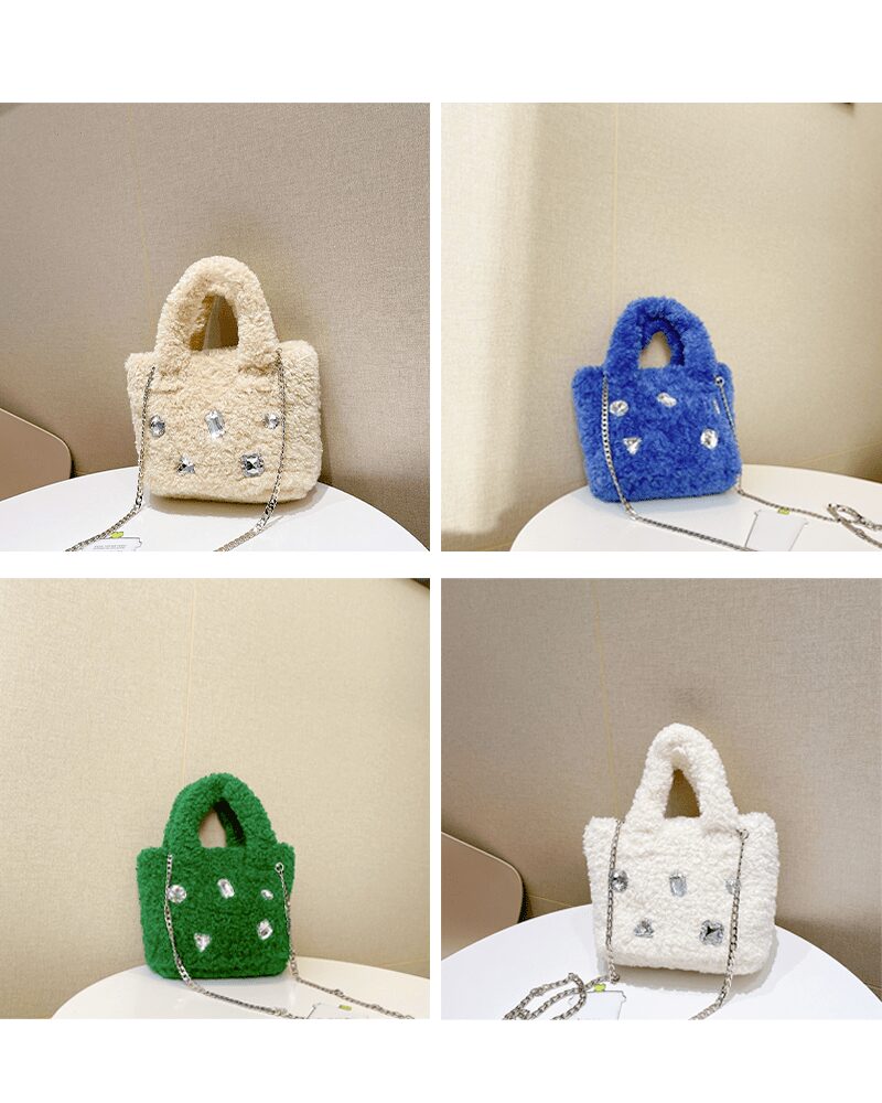 Sac à main Elisa en peluche avec strass - Présentation détaillée sous divers angles, disponible dans une gamme de couleurs variées.