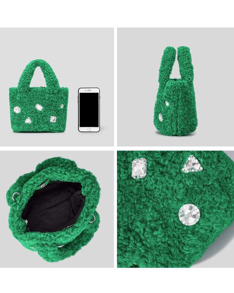 Sac à main Elisa en peluche vert avec strass - Présentation détaillée sous multiples angles pour une appréciation complète.