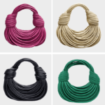Sac à main tissé Gaby, proposé dans une gamme variée de couleurs, tenu par une femme.