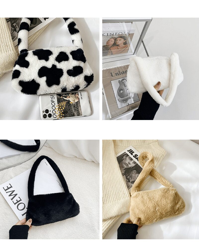Sac à main Jamie d'Izamel en peluche avec motifs variés, un accessoire de mode incontournable.