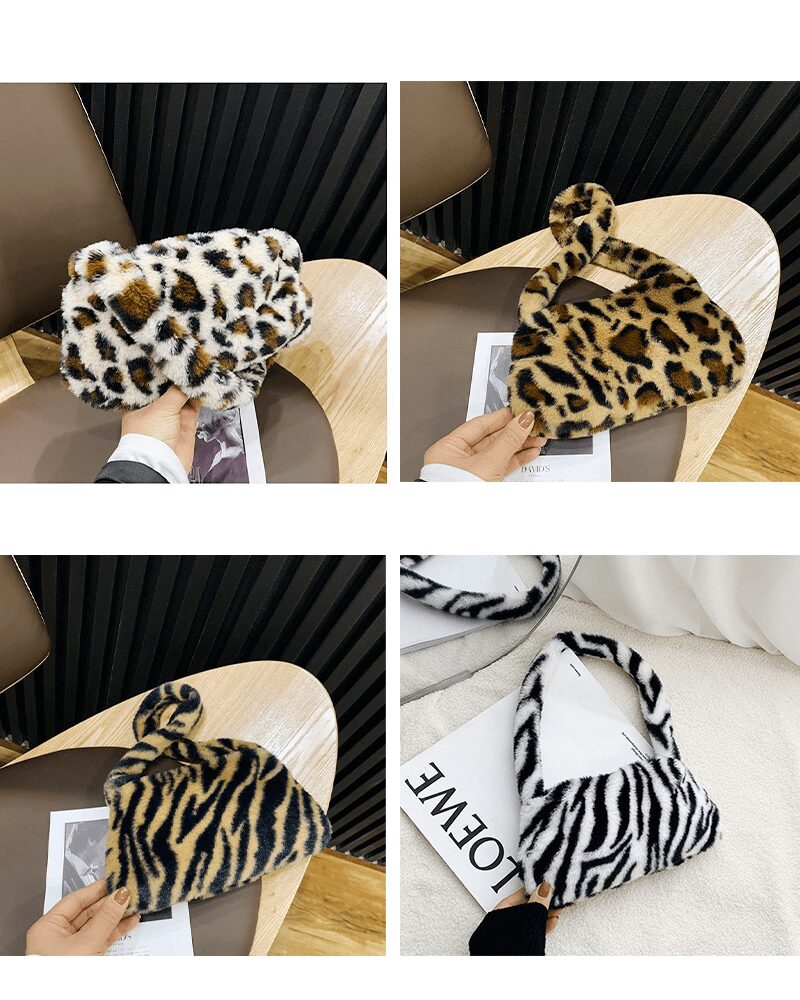 Sac à main Jamie d'Izamel en peluche avec motifs variés, idéal pour toutes les occasions.