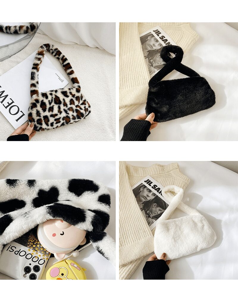 Sac à main Jamie d'Izamel en peluche avec motifs variés.