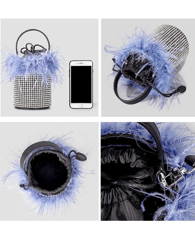 Sac à main Kendal avec strass et plumes bleues, présenté sous différents angles pour révéler toute sa splendeur.