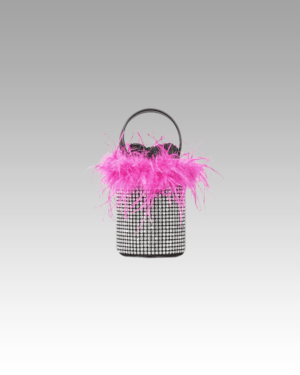 Sac à main Kendal orné de strass et de plumes rose, un accessoire glamour à découvrir chez Izamel.