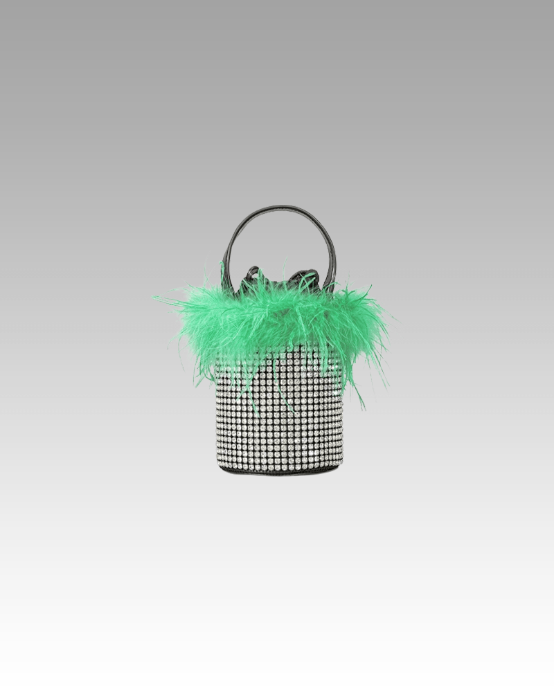 Sac à main Kendal avec strass et plumes vertes, un accessoire élégant à découvrir chez Izamel.