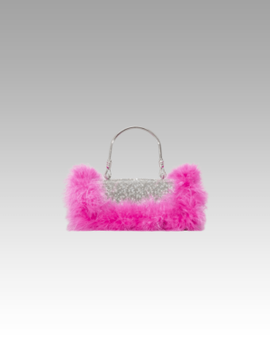 Une touche de douceur avec le sac à main Kylie, orné de strass et de plumes roses, disponible dès maintenant dans la boutique Izamel pour sublimer le style féminin.