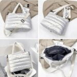 Vue en multiple angles du sac à main matelassé blanc Lara.