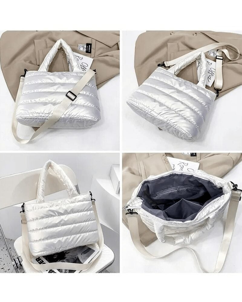 Vue en multiple angles du sac à main matelassé blanc Lara.