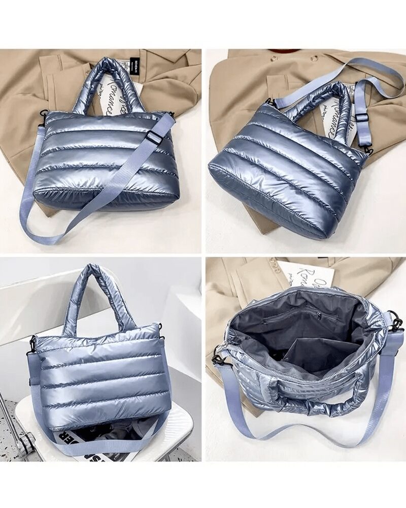 Vue en multiple angles du sac à main matelassé bleu Lara.