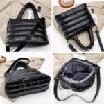 Vue en multiple angles du sac à main matelassé noir Lara.