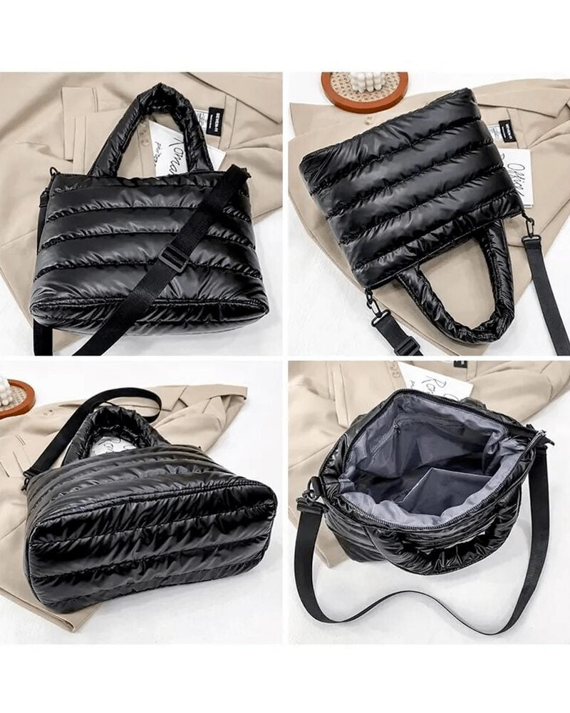 Vue en multiple angles du sac à main matelassé noir Lara.