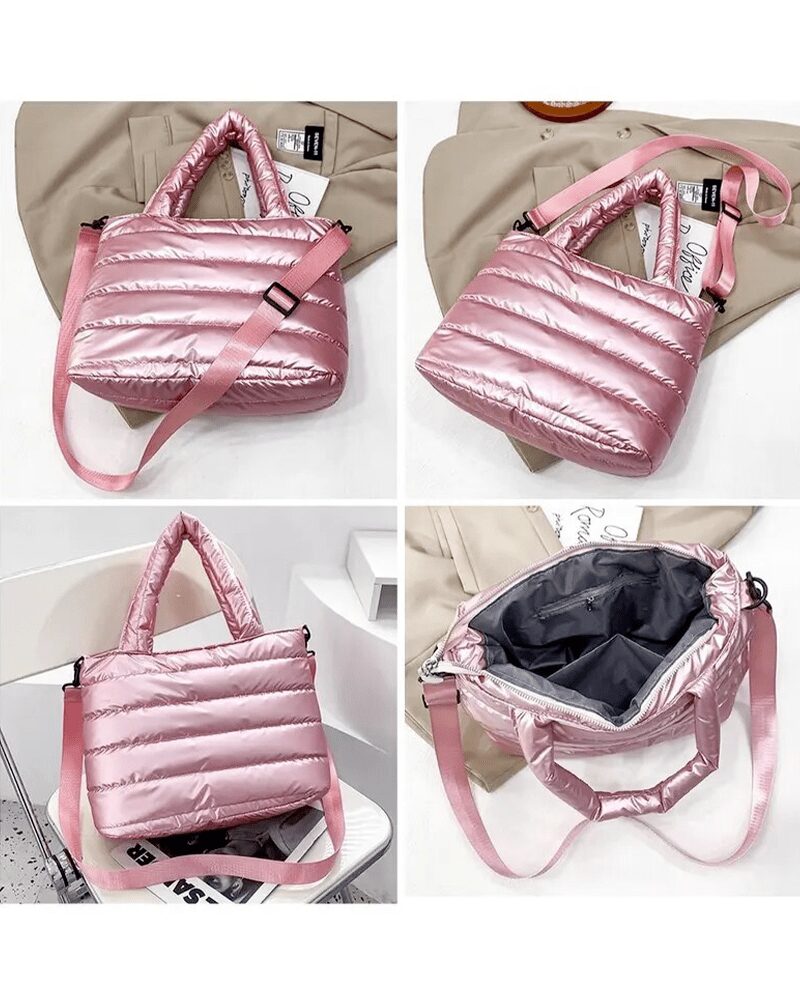 Sac à main matelassé rose Lara, présenté sous différents angles pour une vue détaillée.