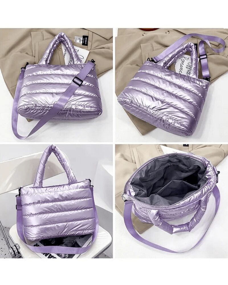 Sac à main matelassé violet Lara d'Izamel, vue sous différents angles.