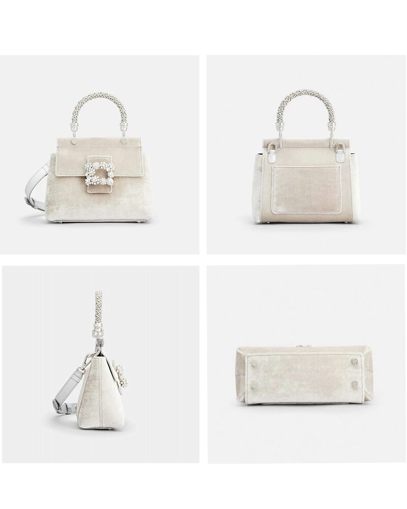 Sac à main blanc Lindsey en velours, présenté sous divers angles pour une vue détaillée.