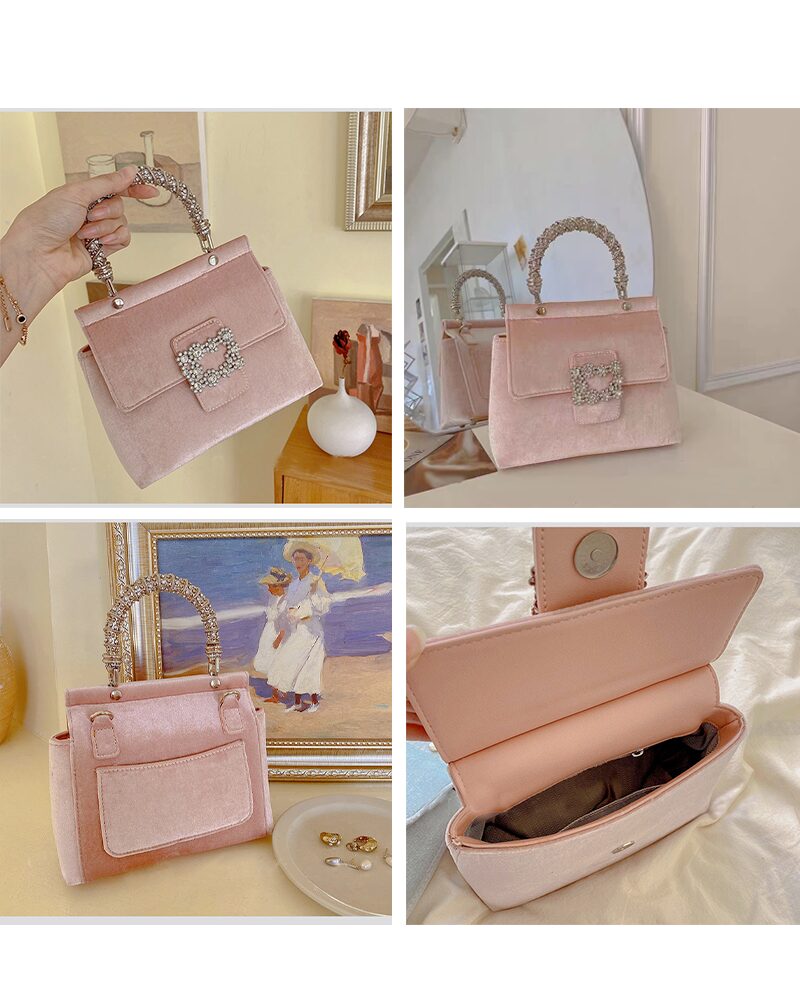 Sac à main rose Lindsey en velours, accessoire de mode tendance, mis en situation dans un environnement chic.