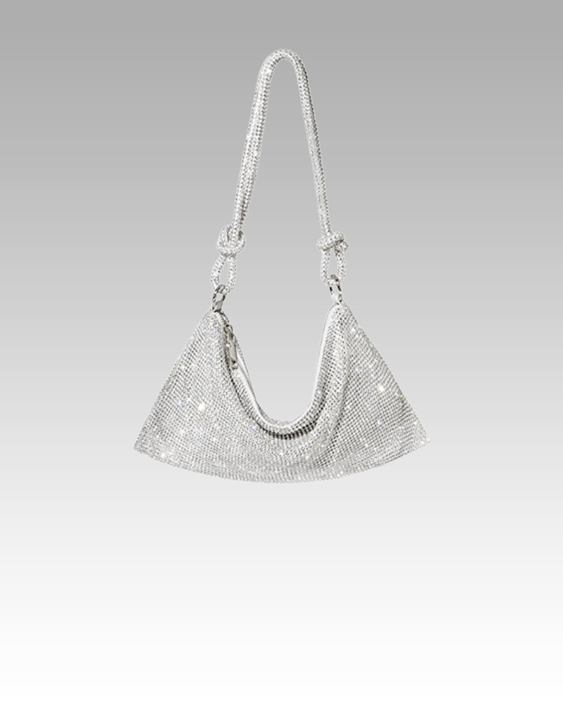 Sac à main argenté orné de strass, porté à l'épaule, pour femme, disponible chez Izamel.