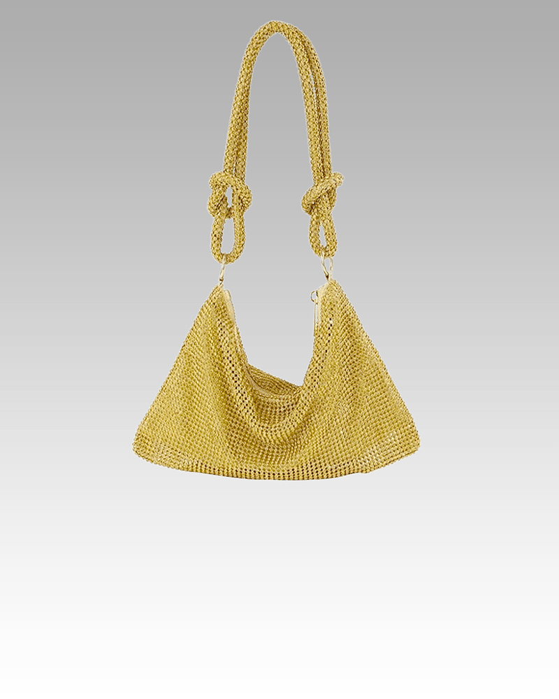 Sac à main doré orné de strass, porté à l'épaule, pour femme, disponible chez Izamel.