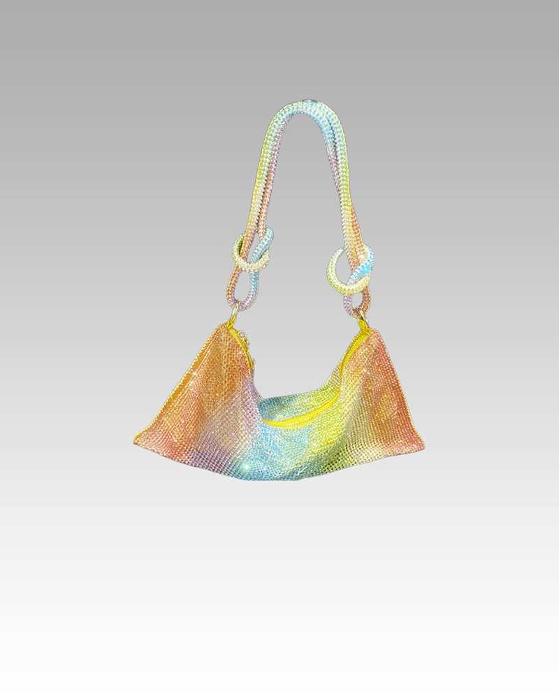Sac à main multicolore orné de strass, porté à l'épaule, pour femme, disponible chez Izamel.