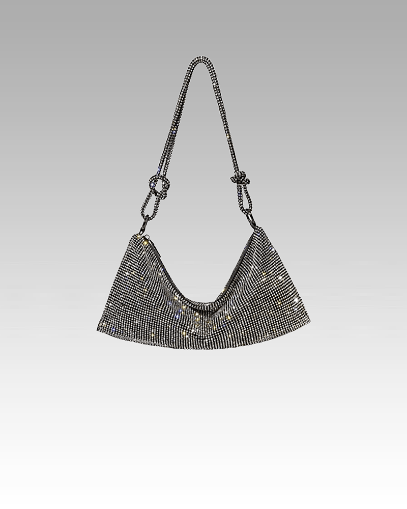 Sac à main noir et argenté orné de strass, porté à l'épaule, pour femme, disponible chez Izamel.