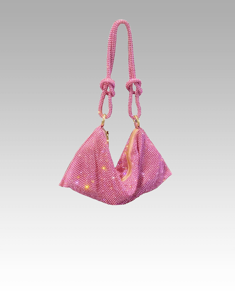 Sac à main rose orné de strass, porté à l'épaule, pour femme, disponible chez Izamel.