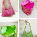 Sac à main porté à l'épaule avec multiples strass, vu sous différents angles.