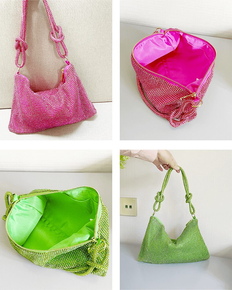 Sac à main porté à l'épaule avec multiples strass, vu sous différents angles.