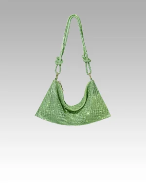 Lita-sac-à-main-porté-épaule-vert-strass-femme-boutique-izamel Sac à bandoulière Lita vert orné de strass, porté à l'épaule, pour femme, disponible chez Izamel.
