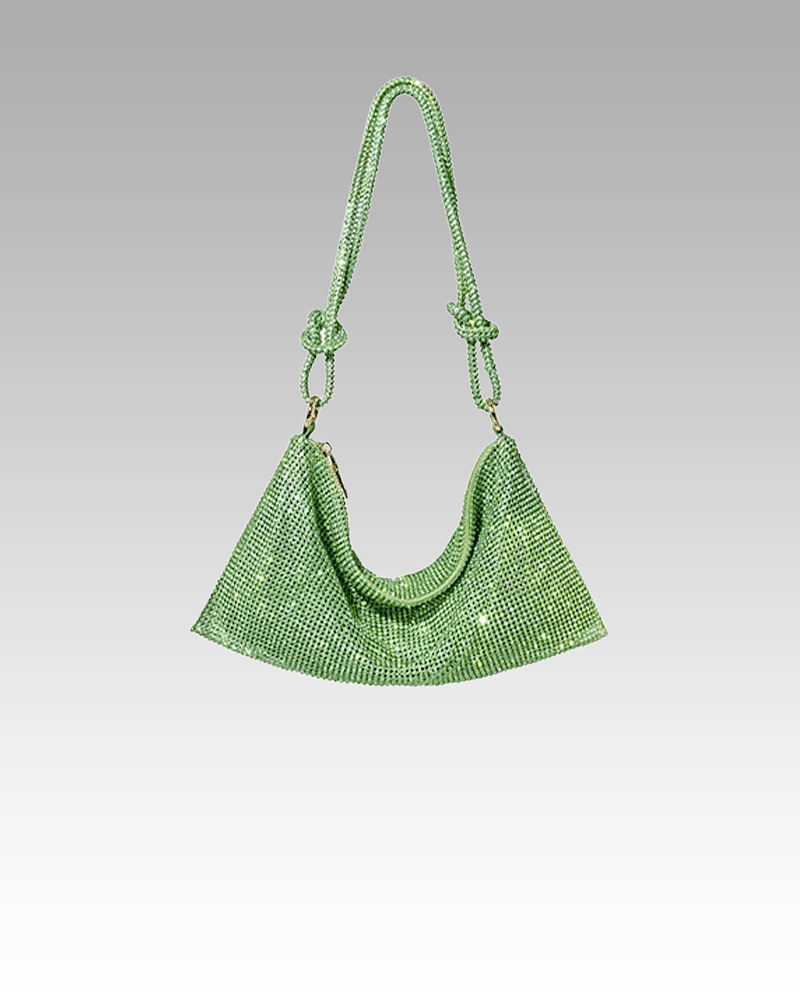 Sac à bandoulière Lita vert orné de strass, porté à l'épaule, pour femme, disponible chez Izamel.