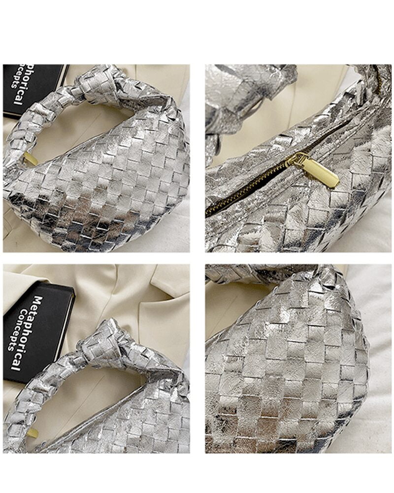 Sonia, sac à main tissé argenté pour femme, mettant en valeur son design sous différents angles. Disponible chez Izamel, votre boutique de mode préférée.