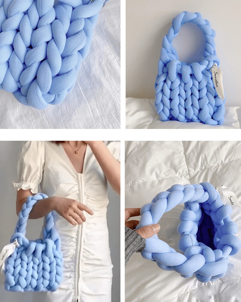 Vicky sac à main tricoté bleu multiple angles.