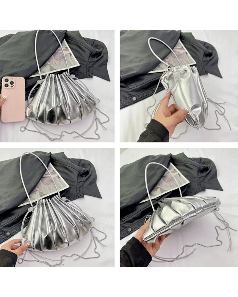 Chloé sac à bandoulière argenté en similicuir plissé - vue sous plusieurs angles.