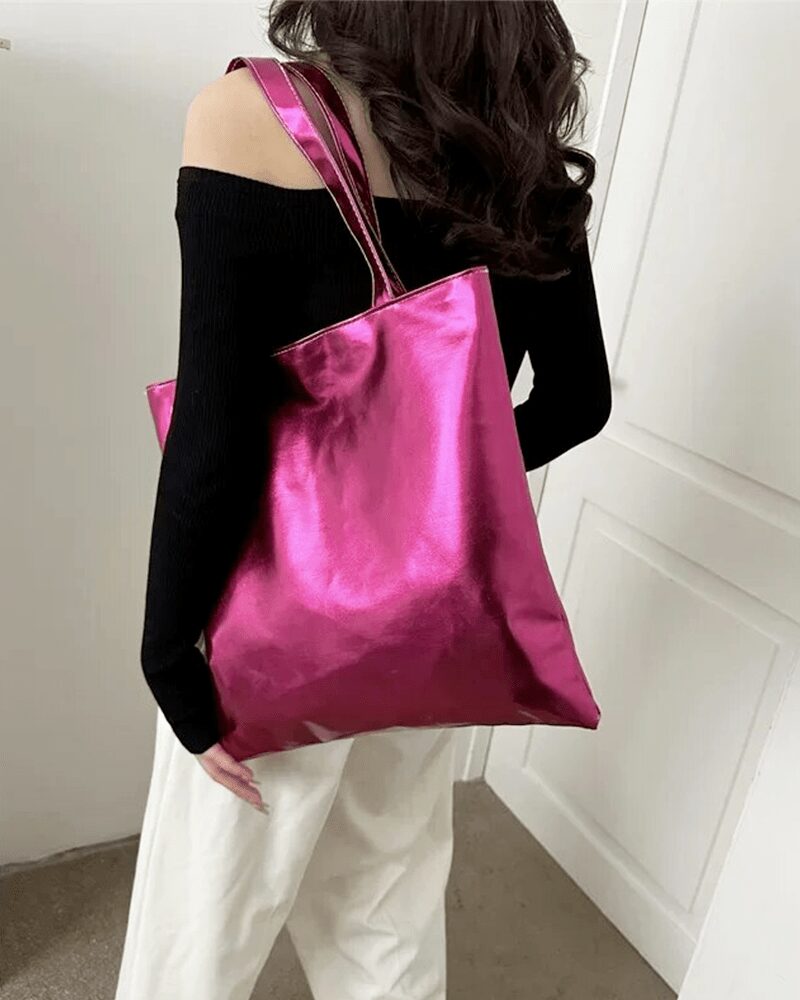 Sac à main fourre-tout Elsa rose brillant - accessoire chic porté à l'épaule pour femme.