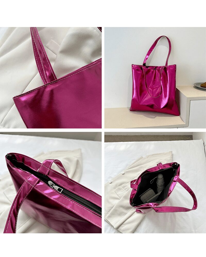 Sac à main fourre-tout Elsa rose brillant - présenté sous plusieurs angles.