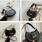 Sac à main Anaïs en similicuir noir montré sous différents angles, disponible chez Boutique Izamel.