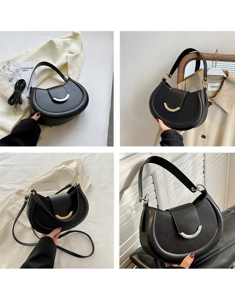 Sac à main Anaïs en similicuir noir montré sous différents angles, disponible chez Boutique Izamel.