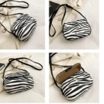 Sac à main Emy en similicuir avec motif zébré, montré sous différents angles, disponible chez Boutique Izamel.
