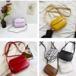 Quatre sacs à main Emy en similicuir avec vignettes multiples, chacun dans une couleur différente, disponibles chez Boutique Izamel.