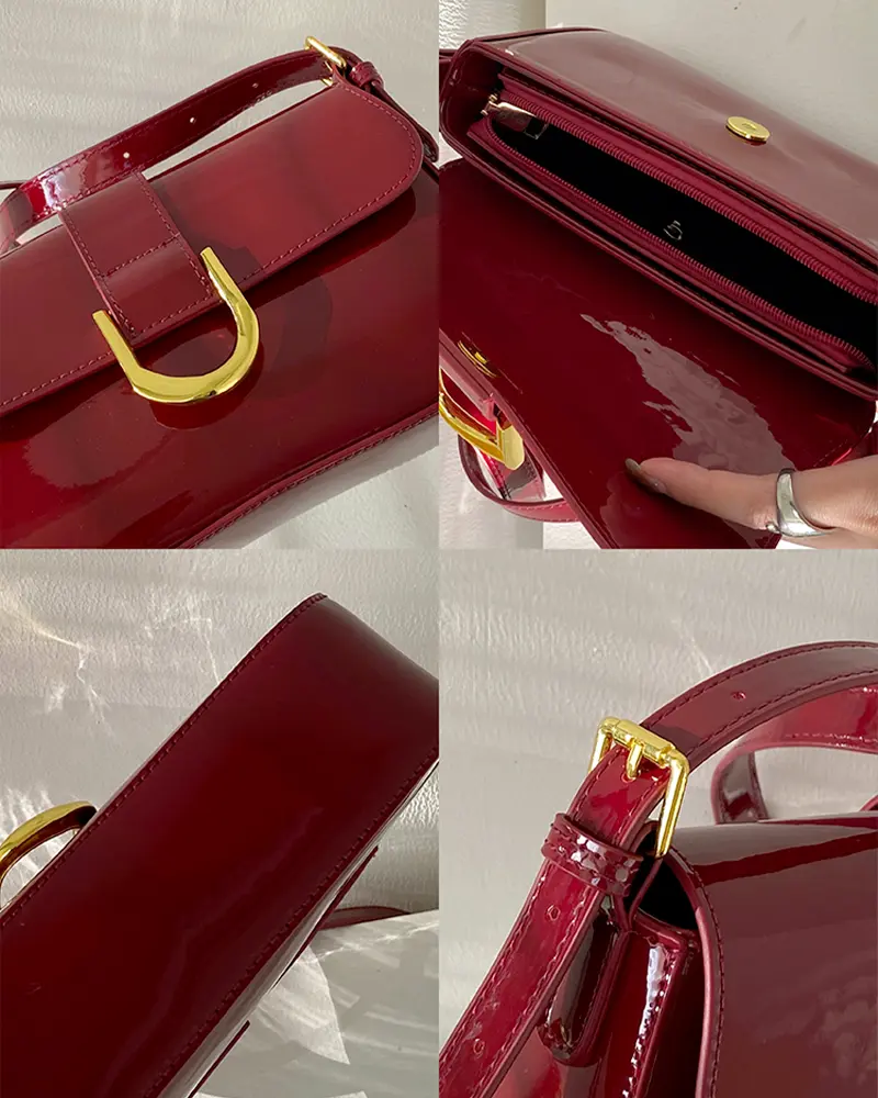 Sac à bandoulière rouge vernis Inaya présenté sous plusieurs angles