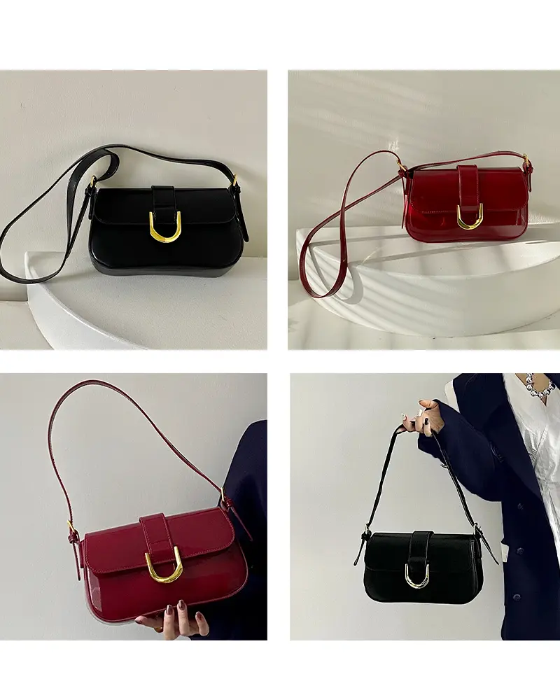 Sac à bandoulière vernis Inaya en plusieurs couleurs, présenté en quatre photos