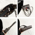 Sac à main Iris avec motif léopard montré sous plusieurs angles, disponible chez Boutique Izamel.